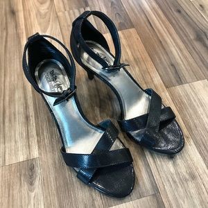 Coach and Four Ankle Strap Animal Fabric Heels